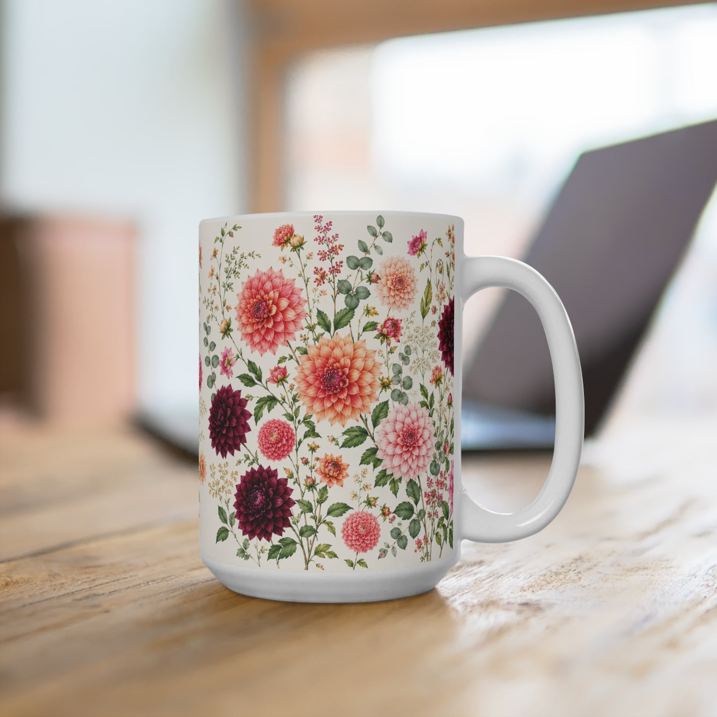 Floral Dahlia Mug 15oz — Vintage Botanical Coffee Cup