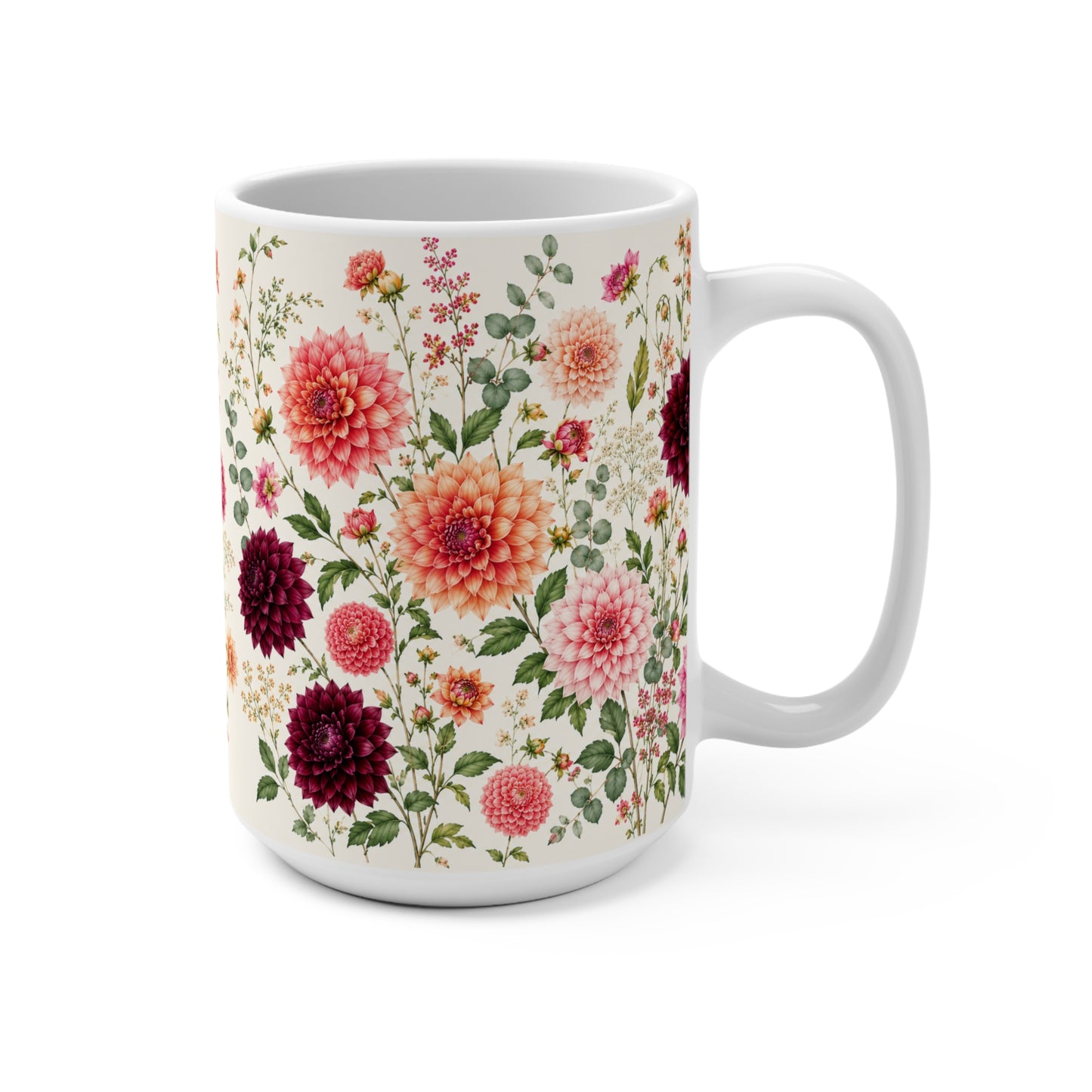 Floral Dahlia Mug 15oz — Vintage Botanical Coffee Cup