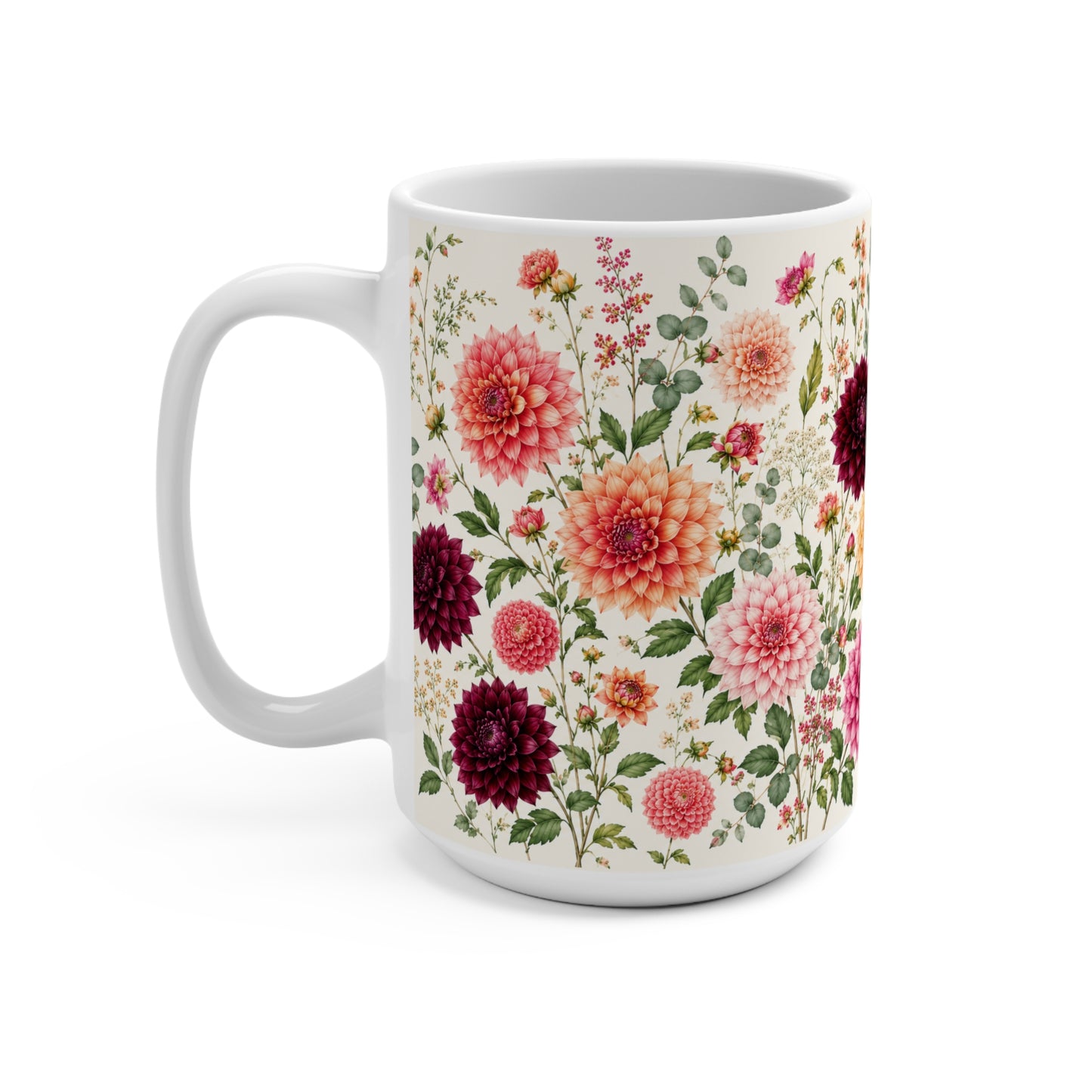 Floral Dahlia Mug 15oz — Vintage Botanical Coffee Cup