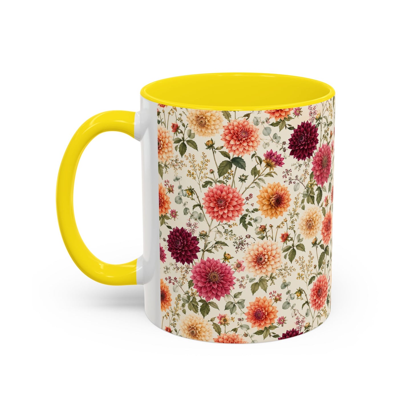 Vintage Floral Pattern Accent Coffee Mug | Dahlia Bouquet 11oz or 15oz