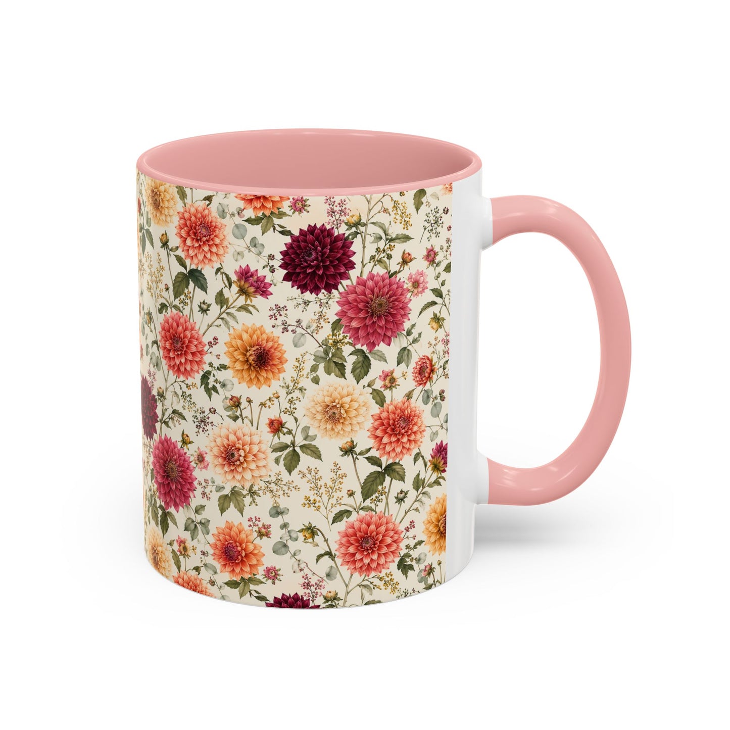Vintage Floral Pattern Accent Coffee Mug | Dahlia Bouquet 11oz or 15oz