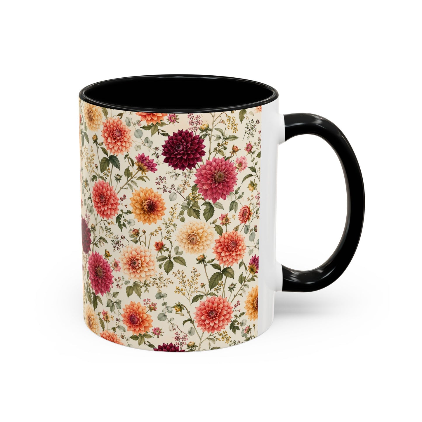 Vintage Floral Pattern Accent Coffee Mug | Dahlia Bouquet 11oz or 15oz