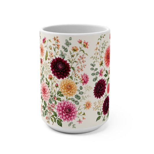 Floral Dahlia Mug 15oz — Vintage Botanical Coffee Cup