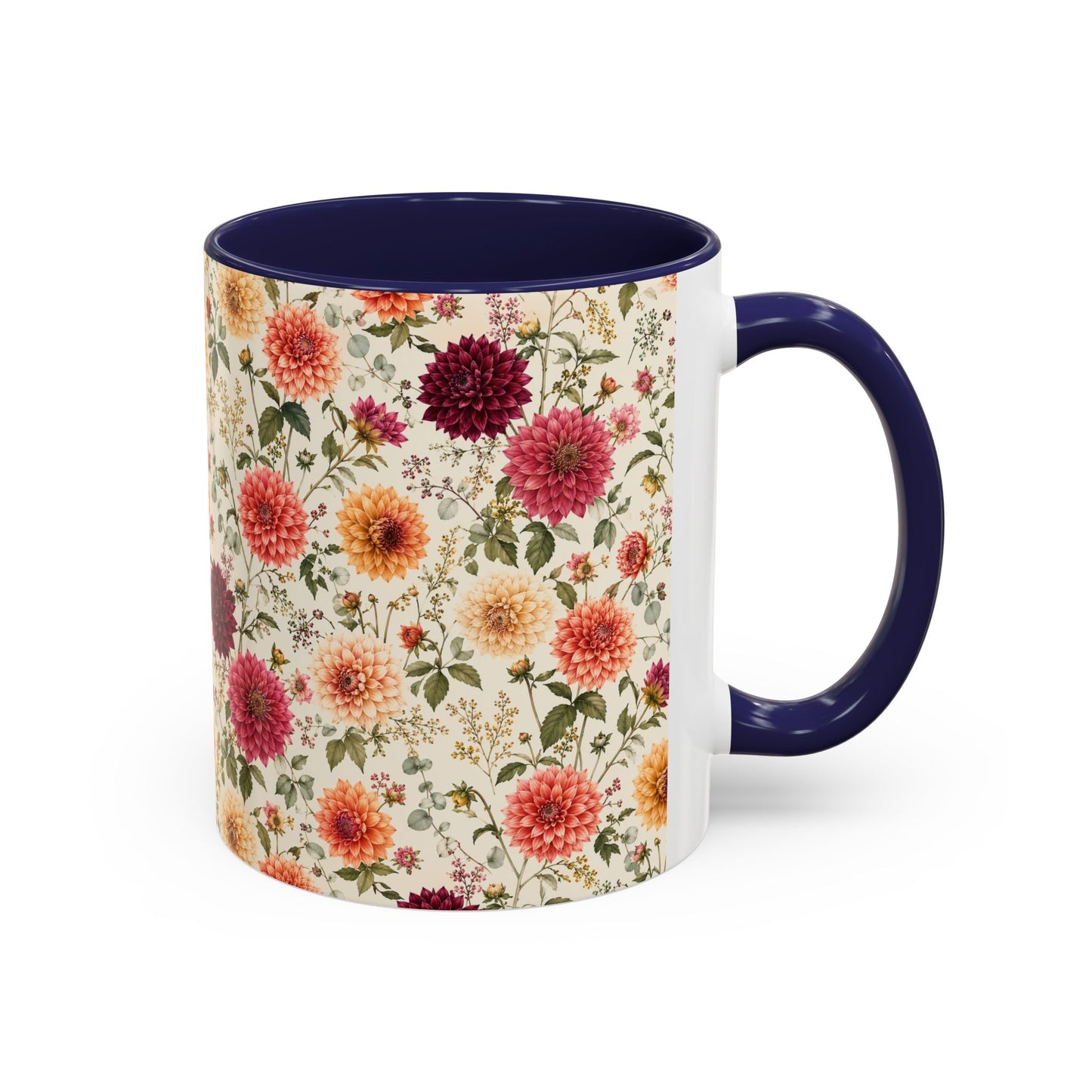 Vintage Floral Pattern Accent Coffee Mug | Dahlia Bouquet 11oz or 15oz