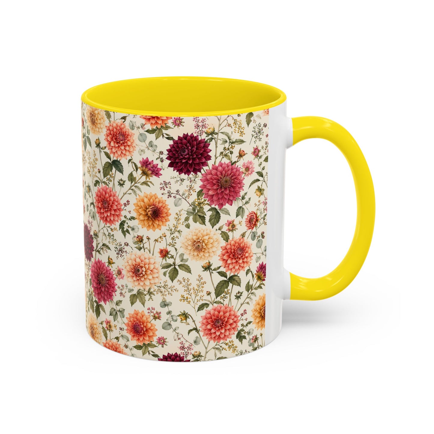 Vintage Floral Pattern Accent Coffee Mug | Dahlia Bouquet 11oz or 15oz