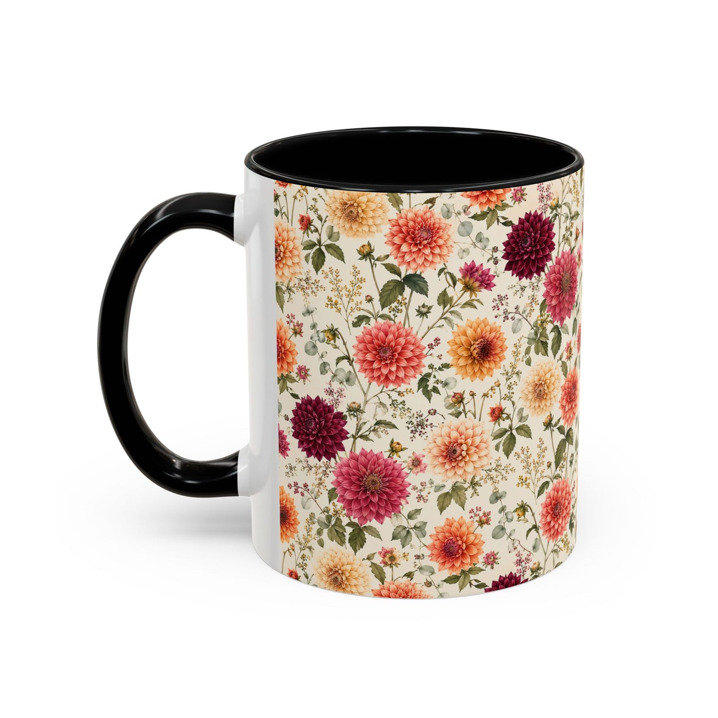 Vintage Floral Pattern Accent Coffee Mug | Dahlia Bouquet 11oz or 15oz