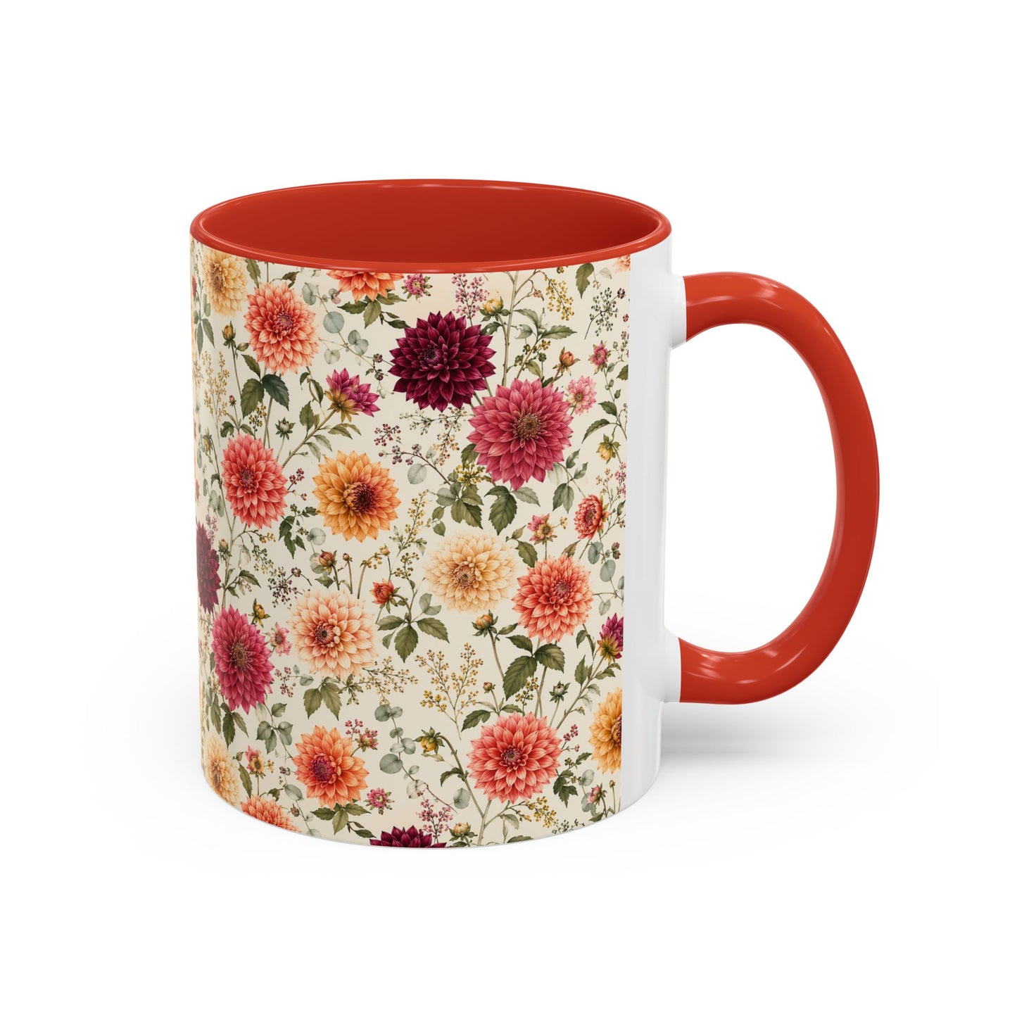 Vintage Floral Pattern Accent Coffee Mug | Dahlia Bouquet 11oz or 15oz